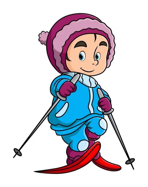 Der Kleine Junge Spielt Ski Und Macht Die Abfahrt Der — Stockvektor