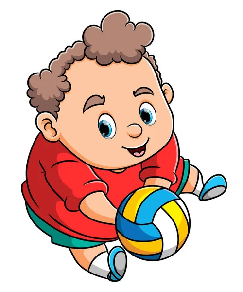 Chico Grande Está Jugando Voleibol Golpeó Bola Ilustración — Vector de stock