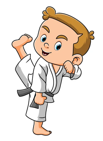 Anak Itu Memainkan Taekwondo Dan Mengayunkan Kaki Ilustrasi - Stok Vektor