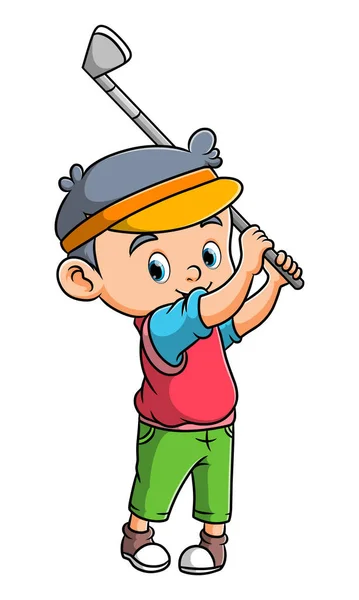 プロのゴルフ少年はイラストの棒のゴルフをスイングしています — ストックベクタ