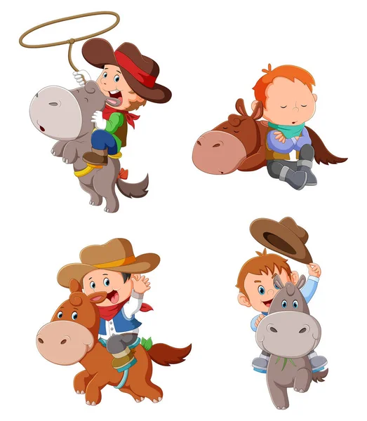 Collectie Van Cowboy Kinderen Die Spelen Met Ezel Van Illustratie — Stockvector