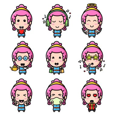 Maskot demetinin günlük rutininde parlak saçlı mutlu kız.