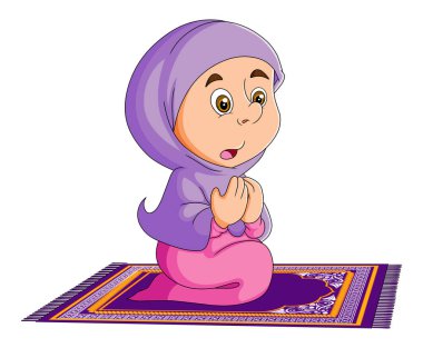 Küçük kız halıda oturuyor ve illüstrasyon için dua ediyor