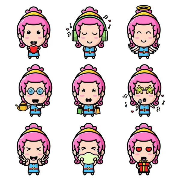 Maskot demetinin günlük rutininde parlak saçlı mutlu kız.