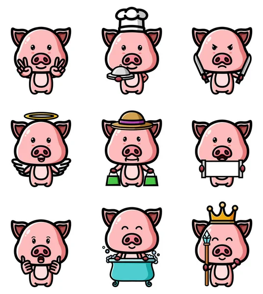 Porco Feliz Pacote Mascote Conjunto Ilustração — Vetor de Stock