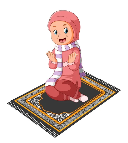 Fille Islamique Avec Écharpe Prie Sur Tapis Illustration — Image vectorielle