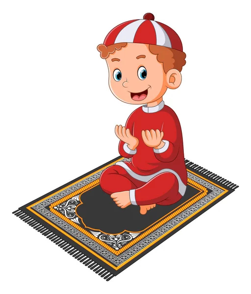 Iszlám Fiú Imádkozik Illusztráció Imádkozó Szőnyegén — Stock Vector