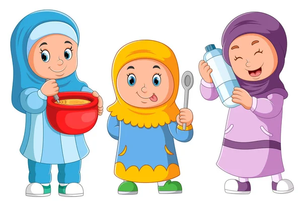 Group Girls Cooking Together Kitchen Illustration — Stock Vector