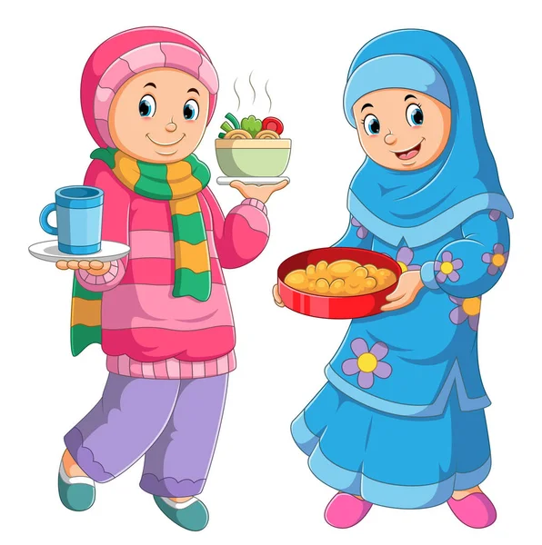 Two Girls Serving Delicious Food Fasting Break Illustration — Stock Vector