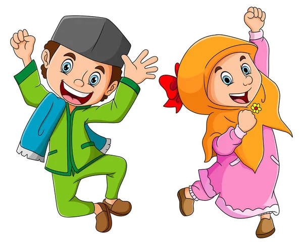 Çift erkek ve kız, Ramazan ve Resimlerin Kurban Bayramı için heyecanlı.