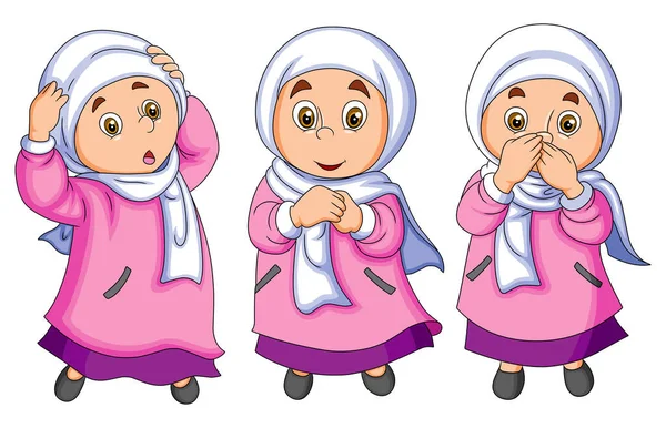 Collection Petite Fille Musulmane Avec Couleur Vive Illustration — Image vectorielle