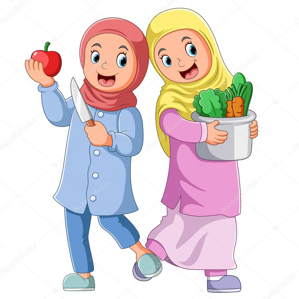 The two girls is holding the fruit and a pail of vegetables of illustration