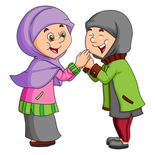 Duas Meninas Estão Comemorando Eid Fitr Com Expressão Feliz Ilustração —  Vetores de Stock