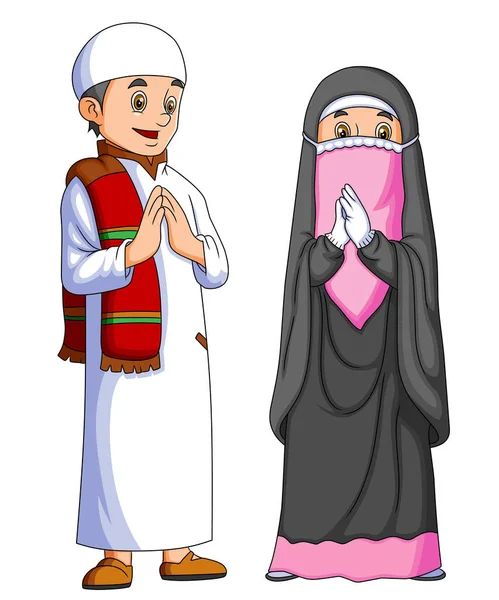 Pasangan Dengan Gadis Dengan Niqab Memberikan Salam Dari Ilustrasi - Stok Vektor