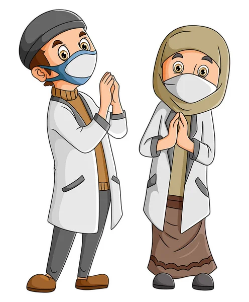 Coppia Medico Con Maschera Nel Mubarak Eid Illustrazione — Vettoriale Stock