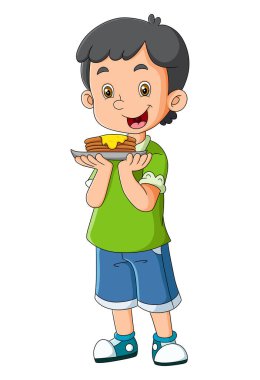 The cute boy is serving a pancake and going to eat of illustration