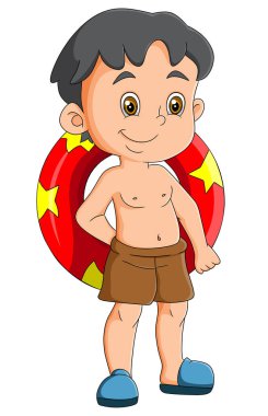 Küçük çocuk güzel kırmızı bir çizim lastiğiyle yüzmeye hazır.