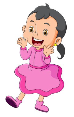 The cute girl is standing and playing with a pink costume of illustration