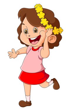 Şirin kız, resmin başında çiçek tacıyla yürüyor.