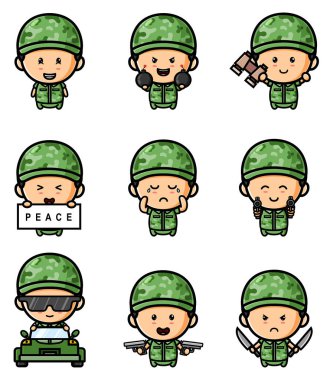 The cute soldier boy is holding the weapon mascot bundle set of illustration