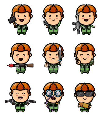 Farklı silah maskotu demetini tutan asker.