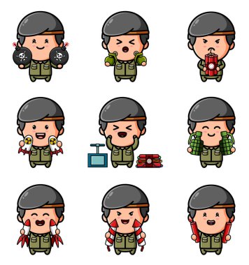 Roket ve bomba demeti resimli maskotun koleksiyonu.