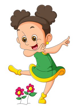 The cute girl is dancing and playing with the flowers of illustration
