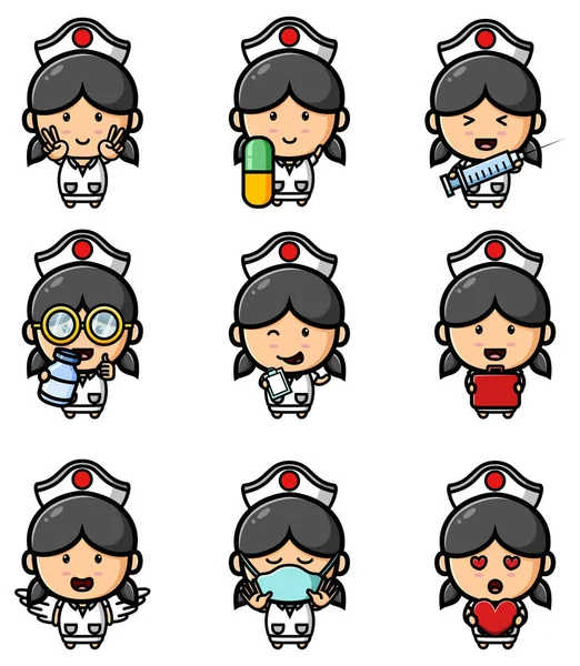 Cute Nurse Girl Hospital Mascot Bundle Set Illustration — стоковый вектор
