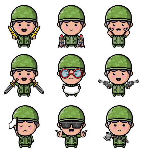 Das Glückliche Armee Junge Maskottchen Bündel Set Von Illustrationen — Stockvektor