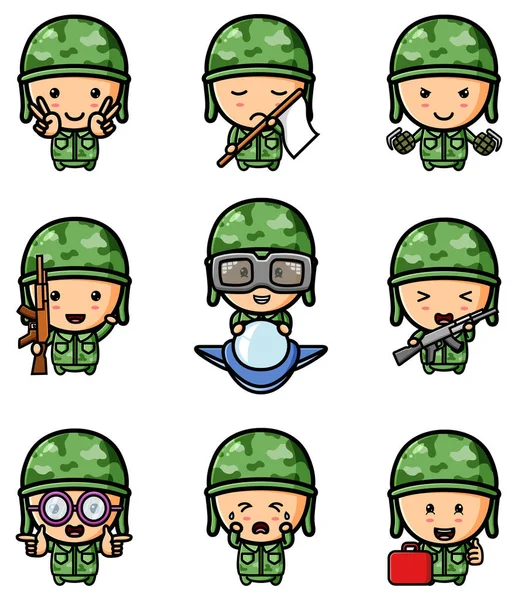 Cute Army Boy Ready Military Mascot Bundle Set Illustration — Image vectorielle
