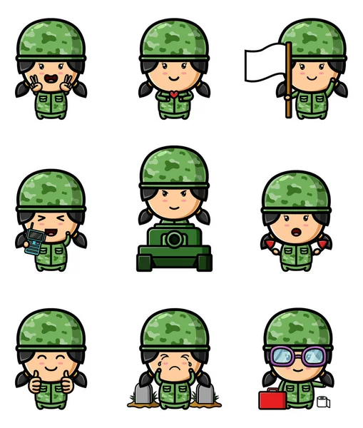 Cute Army Girl Wearing Green Mottle Uniform Mascot Bundle Set — Image vectorielle