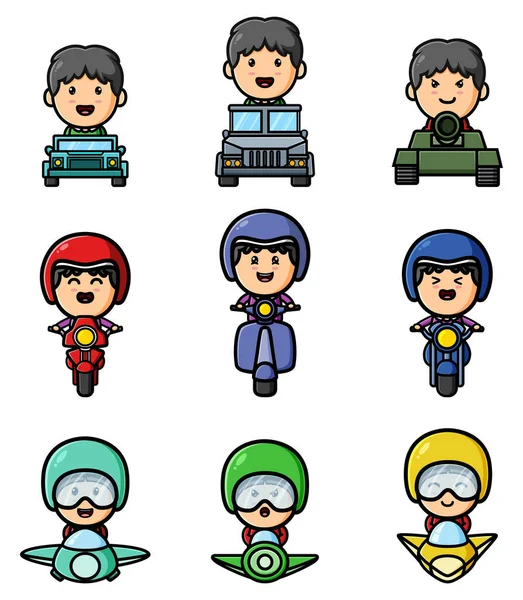 Boy Using Different Transportation Mascot Bundle Set Illustration — Image vectorielle