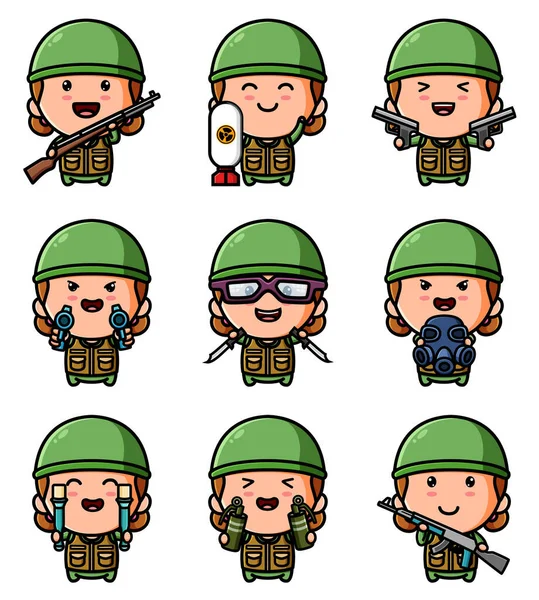 Soldier Girl Holding Different Weapon Mascot Bundle Set Illustration — Stockvector