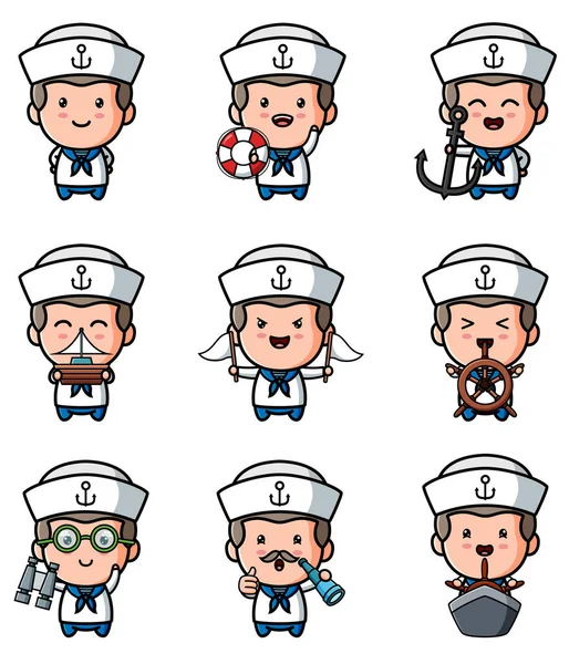 Collection Mascot Happy Sailor Boy Bundle Set Illustration — стоковый вектор