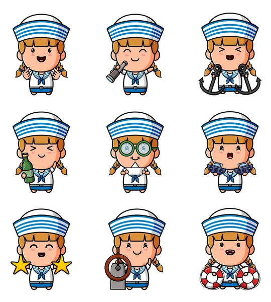 Collection Mascot Cute Sailor Girl Bundle Set Illustration — стоковый вектор