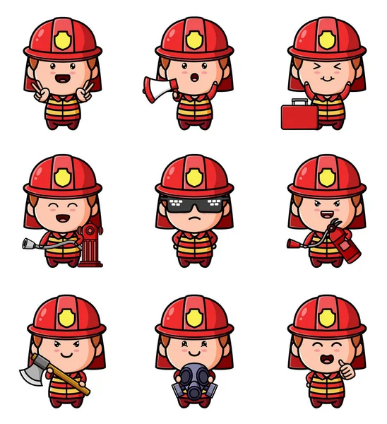 Collection Mascot Fireman Red Helmet Bundle Set Illustration — Stockvector