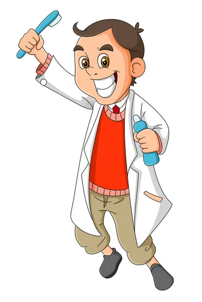 Happy Man Dentist Holding Toothbrush Toothpaste Illustration — Stockvektor