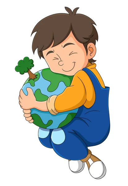 Happy Boy Hugging Loving Earth Illustration — Stock Vector