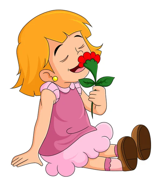 Cute Girl Sitting Smelling Flowers Illustration — Vettoriale Stock