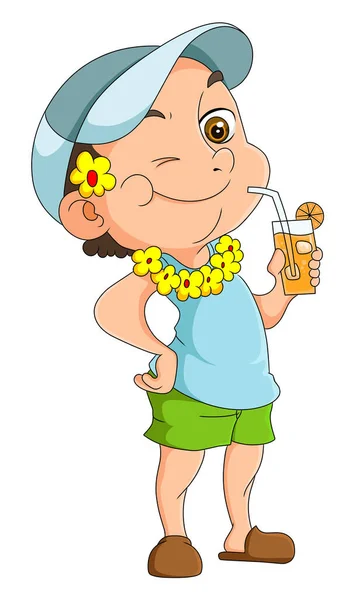 Hawaiian Boy Enjoying Glass Orange Juice Illustration — Stockvektor