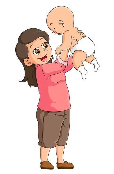 Madre Está Levantando Pequeño Bebé Ilustración — Vector de stock