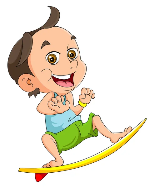 Happy Boy Playing Surfing Board Illustration — Vetor de Stock