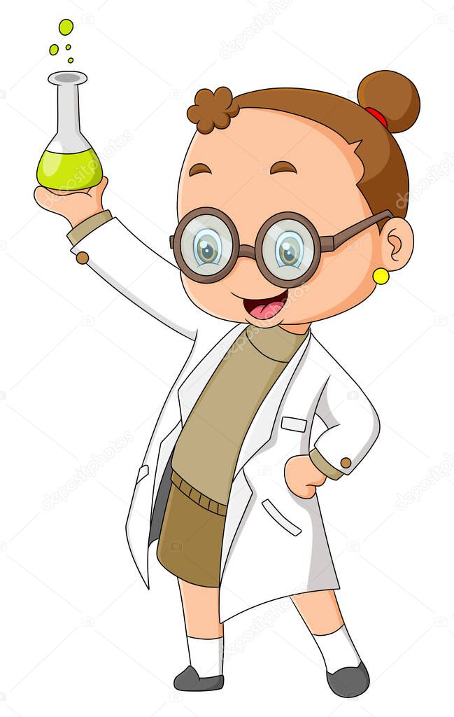 The scientist girl is making a poison in laboratory and she is happy of illustration