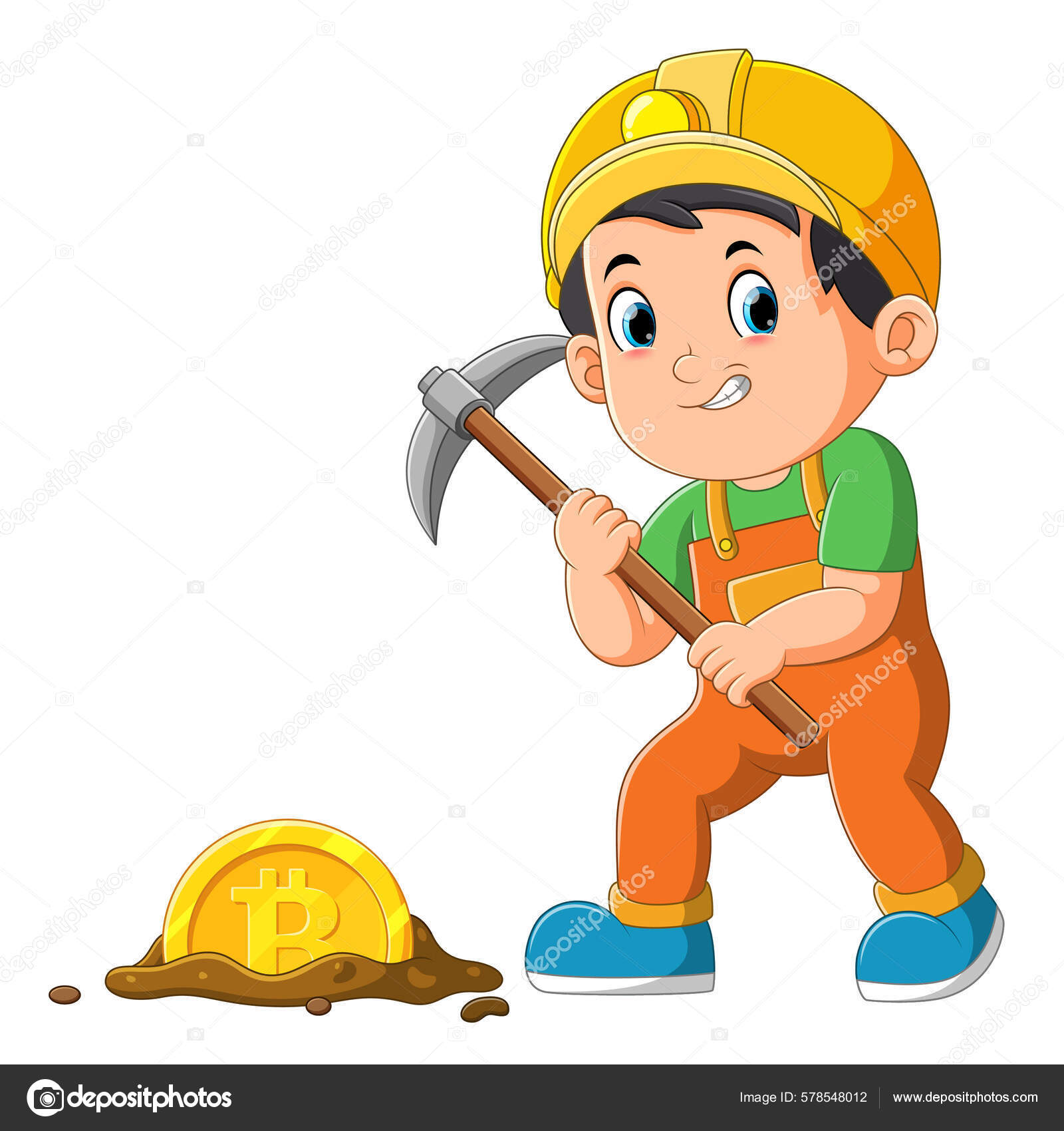 労働者の少年はイラストの地面につるはしでビットコインを採掘しています ストックベクター ©hermandesign2015@gmail.com  578548012