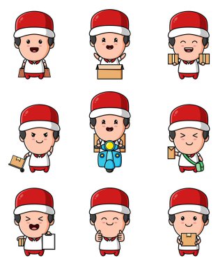 Kurye paketi teslim ediyor. Maskot demeti çizimleri.