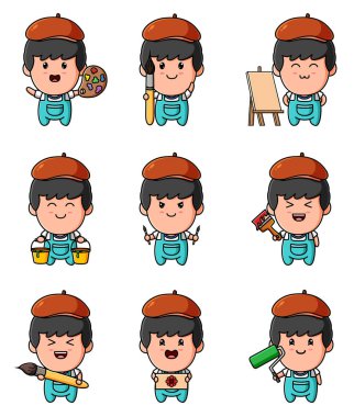 Ressam çizimi boyuyor. Maskot demeti çizimi.