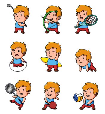 Oğlan bir sürü spor yapıyor. Maskot demetleri çiziyor.