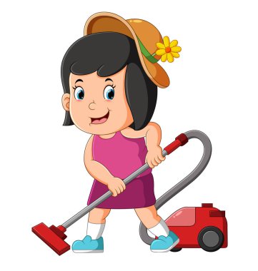 Şirin kız yerleri elektrikli süpürgeyle temizliyor.