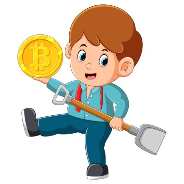Çocuk kürekle bitcoin kazıyor ve resimden çok memnun.
