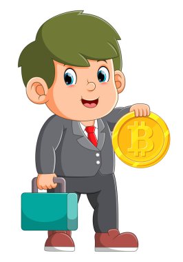 Ofis görevlisi Bitcoin 'i ve resimli çantasını getiriyor.